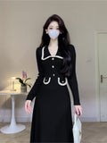 Taooba  party look inspos French Solid Autumn Winter Knitted Dress Elegant Women New Peter Pan Collar High Waist Long Dress Lady Office Sweater Vestidos