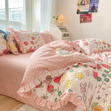 Taooba-Lovely Princess Flower Print Ruffles Bedding Set 100% Cotton Cute Girls Duvet Cover Set with Bed Sheet Kawaii Bedding Sets Soft