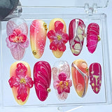 Taooba 10Pcs Handmade Manicure Medium Almond Fake Nails New 3D Flower Almond Nails Press On Nails Design with Adhesive Nail File Set