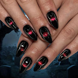 Taooba Christmas Nail  24Pcs short black halloween almond wearable fake nails with red rhinestone design simple nail art full cover nail tips for girls