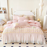 Taooba Christmas Gift 3Pcs Pink Skin-friendly Soft Three-dimensional Flowers Embroidery Lace Ruffles Princess Bedding Set Duvet Cover With Pillowcases