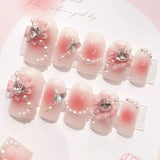 Taooba Christmas Nail  24Pcs Long Ballet False Nails Glitter White Flower  with French Design Wearable Fake Nails Butterfly Press on Nail Tips Art