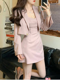 Taooba  party look inspos Autumn Pink New Two Piece Dress Set Women Blazer Coat+Strap Dress Set Female Casual Korean Fashion Slim Elegant Dress Suit 2024