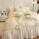 Taooba Christmas Gift French Princess Style Bedding Sets Ruffle Lace Bow Quilt Cover Romantic Bedclothes Decor Woman Girls Bedroom Duvet Cover 4pcs