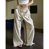 Taooba party outfit  American Retro Color Contrast Striped Casual Pants Women's Summer High Waist Drawstring Loose Thin High Street Wide Leg Pants