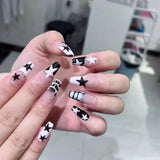 Taooba Christmas nail 24Pcs Long Coffin False Nails with Star Rhinestones Black Y2K Nail Art French Gradient Full Cover Press on Nail Tips for Girls