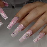 Taooba Christmas Nail  24Pcs Long Coffin False Nails Butterfly Ballet with Rhinestone French Fake Nails Wearable Press on Nails Full Cover Nail Tips