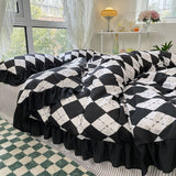 Taooba-Hot Luxury Romantic Ruffle Bedding Set 3/4pcs Sweet Princess Lace Duvet Cover Colorful Plaid Quilt Cover Bed Sheet Pillowcase