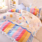 Taooba-Kawaii Rainbow Bedding Set Cotton Twin Full Queen Size Strawberry Flower Hearts Cute Fitted Bed Sheet Pillowcases Duvet Cover