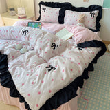 Taooba Korean version the butterfly knot towel embroidered quilt cover washed cotton black lace four-piece bedding set girly student