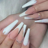 Taooba 24Pcs Long Ballerina False Nails Press on Nails Serpentine Flower with Rhinestones French Fake Nails Wearable White Nail Tips