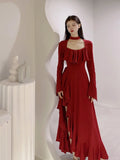 Taooba  party look inspos Spring Red Vintage Elegant Dress Women Flare Sleeve Designer Sweet Long Dress Female Ruffles Retro Princess Irregular Dress 2024