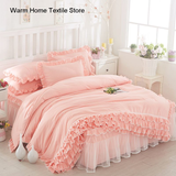 Taooba Christmas Gift Korean Princess Duvet Cover 4 Piece Set Solid Color Ruffles Lace Quilt Cover And Pillowcase For Girl Woman Romantic Bedspread