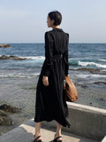 Taooba  party look inspos Korean Chic Women's Black Trench Coat Dress with Belt Single Breasted Long Sleeves A-line Casual Autumn Midi Vestidos Mujer New