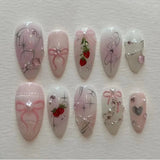 Taooba Christmas nail 24Pcs Pink Almond False Nails Butterfly Ballet with French Design Wearable Fake Nails Simple Artificial Press on Nails Tips Art