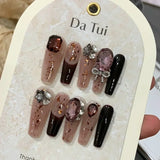 Taooba Christmas nail 10Pcs Handmade False Nails with Rose Butterfly Rhinestone Design Long Ballet Full Cover Fake Nails Wearable Coffin Press on Nail