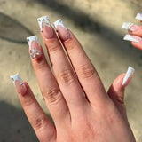 Taooba Christmas Nail  24Pcs Long Ballet False Nails Glitter White Flower  with French Design Wearable Fake Nails Butterfly Press on Nail Tips Art