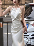 Taooba  party look inspos 2025 Summer Stain Midi Dress Office Lady Casual Sleeveless Beach Style Even Party Formal Dress Women Slim Korean Dress Female