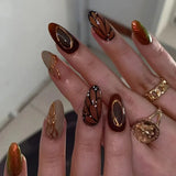 Taooba Christmas nail 24pcs Leopard Print Fake Nails with Glue Almond Acrylic Press on False Nails Gold Lines French Nail Tips Sweet Cool Autumn Nails