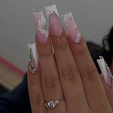 Taooba Christmas Nail  24Pcs Long Ballerina False Nails Press on Nails Serpentine Flower with Rhinestones French Fake Nails Wearable White Nail Tips