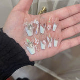 Taooba Christmas nail 10Pcs Long Ballet Fake Nails Checkered Bow Design Handmade False Nails with Rhinestone Y2k Press on Nails Full Cover Nail Tips