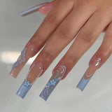 Taooba 24 Piece Long Coffin Blue French&flower Pattern Fake Nails ABS Full Cover Glossy Fake Nails Summer Collection