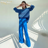 Taooba Christmas Gift outfit  Blue Office Women'S Pants 2021 Fashion Loose Full Length Ladies Trousers Casual High Waist Wide Pants For Women