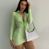 Taooba Christmas Gift outfit  V-Neck Mini Dress Long Sleeve Sexy Bodycon Skinny Summer Beach Dresses Women Twist Solid 2022 Streetwear Party Slim Dress