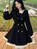 Taooba  party look inspos Autumn Black Vintage Tweed Dresses Women Lace Patchwork Elegant Mini Dress Female Long Sleeve Chic Party Vestidos Y2K Clothes