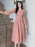 Taooba  party look inspos Vintage Long Sleeve Dresses Autumn New French Elegant V Neck Single Breasted Women Fairy Dress Solid High Waist Ladies Robe New