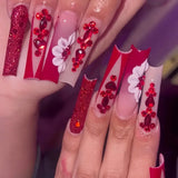 Taooba Christmas Nail  24Pcs Square False Nails with Glue Wearable Red Long Coffin Fake Nails Rhinestone Design Ballet Full Cover Press on Nails Tips