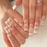 Taooba Christmas nail 24Pcs Pink False Nails Long Coffin Fake Nails Star with French Designs Wearable Ballet Press on Nails Full Cover Nail Tips Art