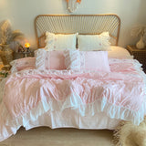 Taooba Christmas Gift Pink Korean Princess Style Lace Ruffles Wedding Bedding Set Seersucker Washed Cotton Soft Duvet Cover Set Bed Sheet Pillowcases