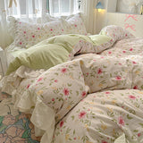 Taooba Christmas Gift Bedding Set Korean Style 2024 New  Small Floral Water Washed Cotton Lace Duvet Cover Set Queen Size