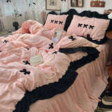 Taooba Christmas Gift Korean Princess Style Kawaii Girl Black Bow Bedding Set Skin-friendly Soft Duvet Cover Set Bed Sheet Or Bed Skirt Pillowcases