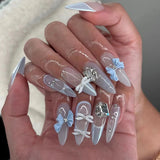 Taooba 24Pcs Long Almond Wearable Fake Nails with Bow Diamond Design Ballerina Nail Art Sweet Cool French Full Cover Press on Nail Tips