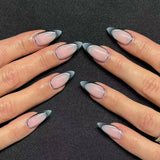 Taooba Christmas nail 24Pcs Short French False Nails with Silver Edge Simple Nails Press on Acrylic Almond Ballerina Fake Nails Full Over Nail Tips