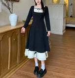 Taooba  party look inspos Spring Autumn Black Chic Bow Princess Dresses Women French Elegant Slim Square Collar Long One-Piece Dress gown Female Vestidos