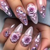 Taooba Christmas nail 24Pcs Short Round Head Pink Fake Nails with Rose Flowers leaf Pattern Wearable Almond False Nail Full Cover Press on Nails Tips