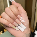 Taooba 24Pcs Long Coffin False Nails Gold Glitter White Flower with Rhinestones French Wearable Fake Nails Ballet Press on Nails Tips