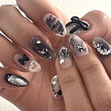 Taooba Christmas nail Fake Nails Almond Shape Black Gradient 3d Butterfly Stars Love Heart With Sequin Decorations 2024 For Professional Salon Art