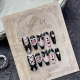 Taooba Christmas nail 10pcs Handmade Y2k black Press On Nails Pink Heart Design Reusable Fake Nails Artificial Manicure Wearable False Nails For Girls