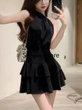 Taooba  party look inspos Elegant Satin 2 Piece Dress Set Women 2025 Summer Sleeveless Y2k Crop Tops + Mini Skirt Female Even Party Black Dress Korean