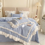 Taooba Christmas Gift Elegant Lace Bedding Sets Luxury Bed Linen Princess Washed Cotton Ruffle Duvet Cover Bed Sheet and Pillowcases for Girl Luxury