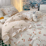 Taooba-Lovely Princess Flower Print Ruffles Bedding Set 100% Cotton Cute Girls Duvet Cover Set with Bed Sheet Kawaii Bedding Sets Soft