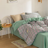 Taooba-Japan Style Plaid Pattern Bedding Set Queen Simple Washed Cotton Bedding Duvet Cover Set with Sheets Quilt Cover Pillow Covers