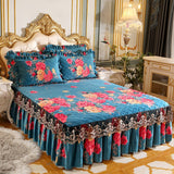 Taooba-Thick Bedspread Warm Velvet Bed Covers Skirt Floral Print Pattern Lace Bedding Queen Bedded Set Mattress Cover Decor Decoration