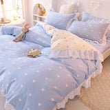 Taooba-Kawaii Rainbow Bedding Set Cotton Twin Full Queen Size Strawberry Flower Hearts Cute Fitted Bed Sheet Pillowcases Duvet Cover