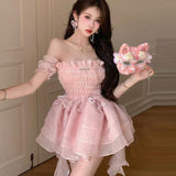 Taooba  party look inspos Summer Sweet Pink Fairy Dress Women Japanese Off Shoulder Sexy Kawaii Lolita Dress Female Casual Korean Style Party Mini Dresses