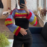 Taooba Christmas Gift outfit  Y2K Knitted Long Sleeve Pullovers Crop Tops Striped Crochet See Through Sweaters Harajuku Vintage Streetwear Jumpers